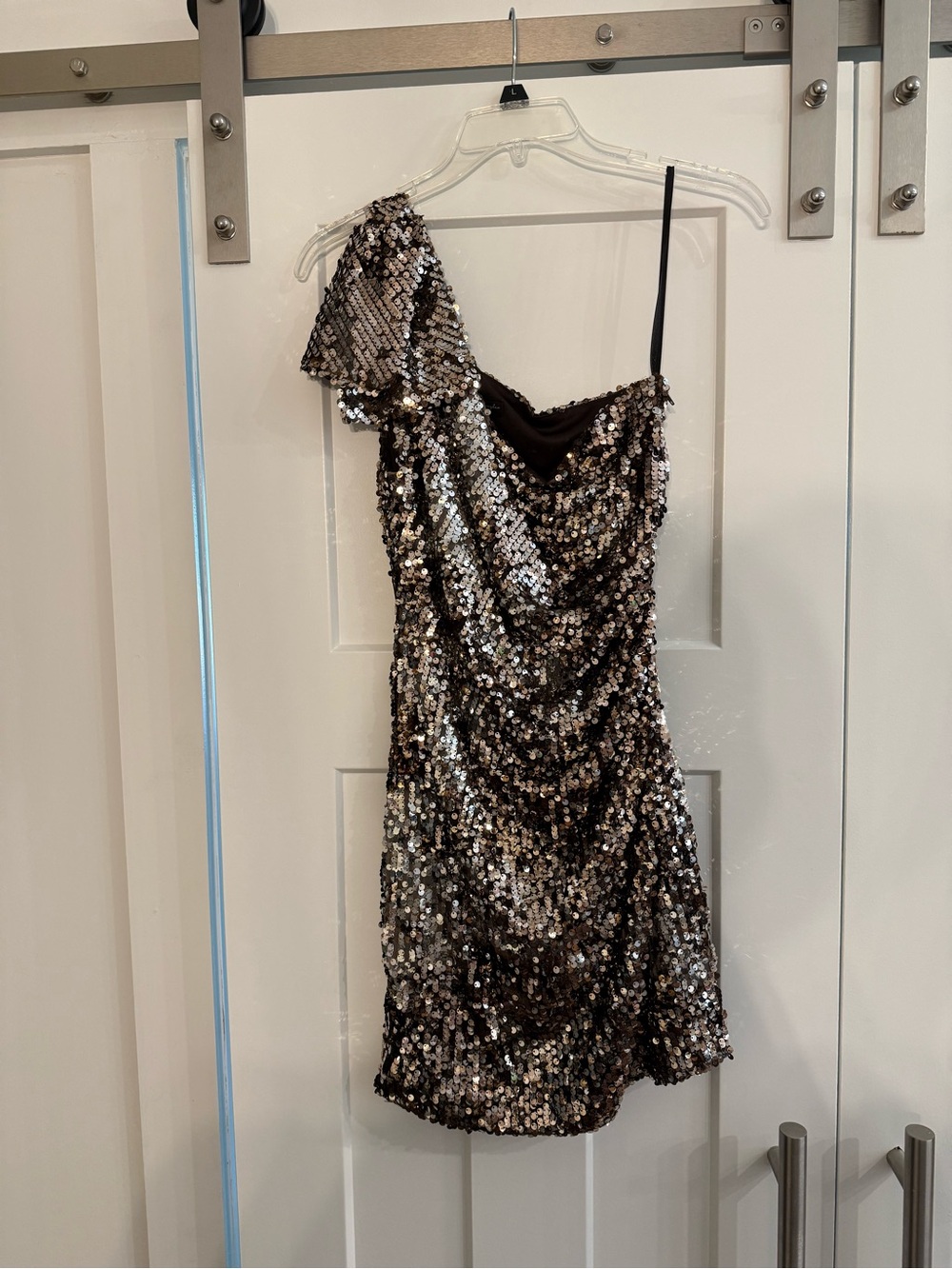 City Triangles One-Shoulder Sequin Mini Dress in Brown and Gold